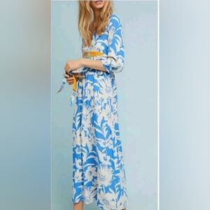 Maeve Anthropologie Blue and White Floral Kimono Maxi Dress with Waist Tie